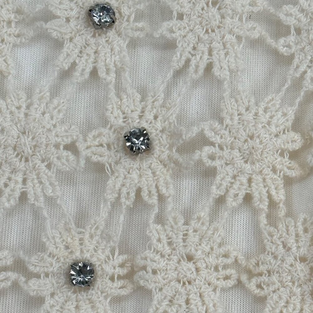 Dressbarn Women's size XL ivory Floral Lace Top  Rhinestone short sleeve - Picture 3 of 11